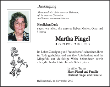 Traueranzeige von Martha Pingel von Thüringer Allgemeine