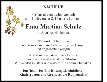 Traueranzeige von Martina Schulz von Ostthüringer Zeitung