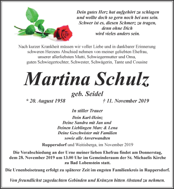 Traueranzeige von Martina Schulz von Ostthüringer Zeitung