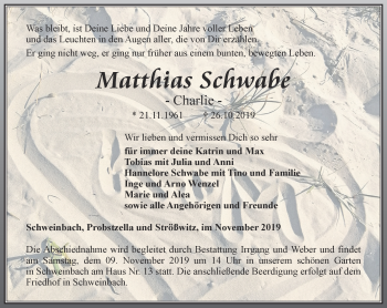 Traueranzeige von Matthias Schwabe von Ostthüringer Zeitung
