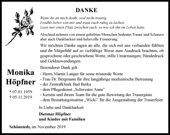 Traueranzeige von Monika Höpfner von Thüringer Allgemeine, Thüringische Landeszeitung