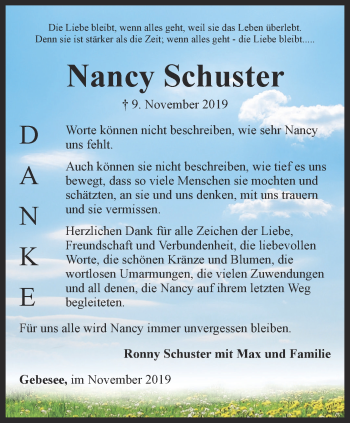 Traueranzeige von Nancy Schuster von Thüringer Allgemeine, Thüringische Landeszeitung