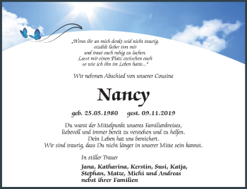 Traueranzeige von Nancy Schuster von Thüringer Allgemeine, Thüringische Landeszeitung