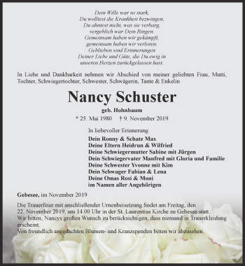 Traueranzeige von Nancy Schuster von Thüringer Allgemeine, Thüringische Landeszeitung