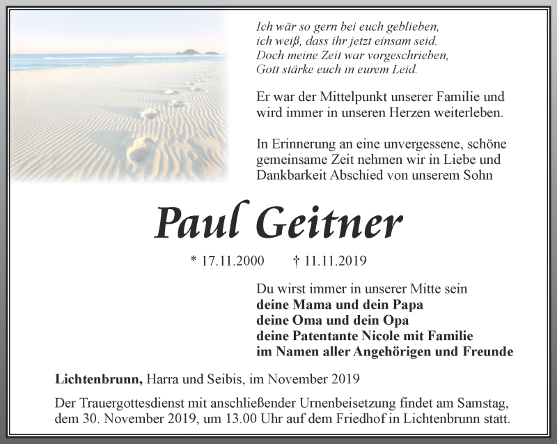  Traueranzeige für Paul Geitner vom 23.11.2019 aus Ostthüringer Zeitung