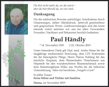 Traueranzeige von Paul Händly von Thüringer Allgemeine