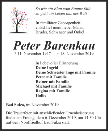 Traueranzeige von Peter Barenkau von Thüringer Allgemeine, Thüringische Landeszeitung