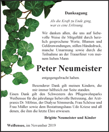 Traueranzeige von Peter Neumeister von Thüringer Allgemeine