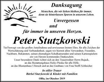 Traueranzeige von Peter Stutzkowski von Ostthüringer Zeitung