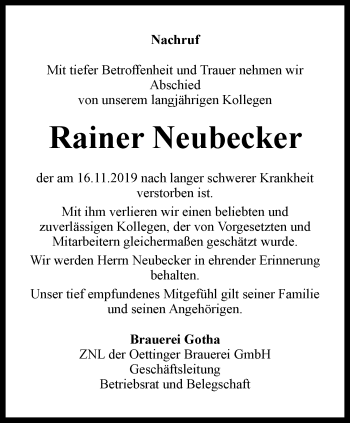 Traueranzeige von Rainer Neubecker von Ostthüringer Zeitung, Thüringische Landeszeitung