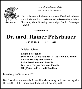 Traueranzeige von Rainer Petschauer von Ostthüringer Zeitung