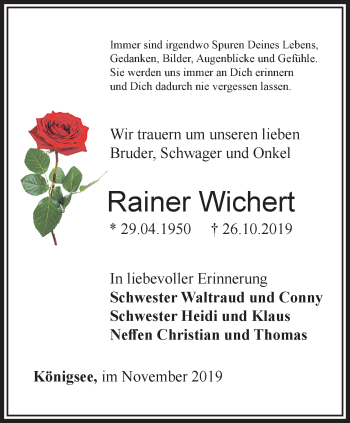 Traueranzeige von Rainer Wichert von Ostthüringer Zeitung