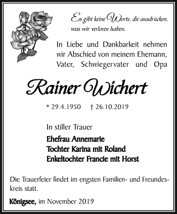 Traueranzeige von Rainer Wichert von Ostthüringer Zeitung