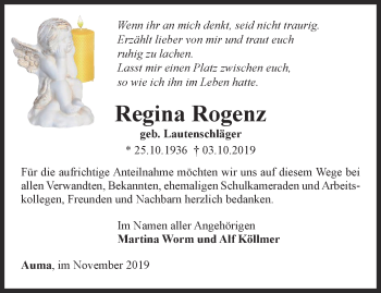 Traueranzeige von Regina Rogenz von Ostthüringer Zeitung