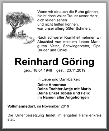 Traueranzeige von Reinhard Göring von Ostthüringer Zeitung