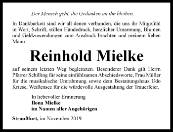 Traueranzeige von Reinhold Mielke von Thüringer Allgemeine