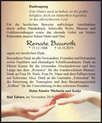 Traueranzeige von Renate Bauroth von Ostthüringer Zeitung, Thüringische Landeszeitung