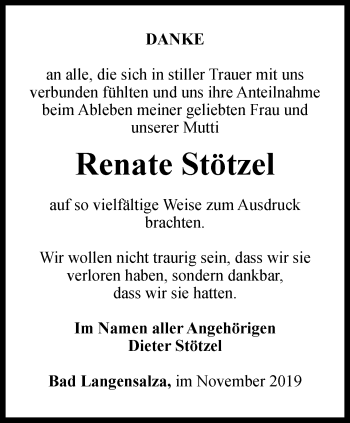 Traueranzeige von Renate Stötzel von Thüringer Allgemeine, Thüringische Landeszeitung