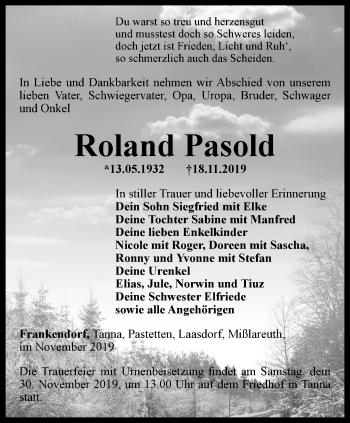 Traueranzeige von Roland Pasold von Ostthüringer Zeitung