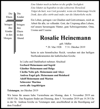 Traueranzeige von Rosalie Heinemann von Thüringer Allgemeine