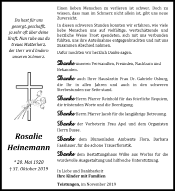 Traueranzeige von Rosalie Heinemann von Thüringer Allgemeine