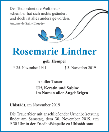 Traueranzeige von Rosemarie Lindner von Ostthüringer Zeitung