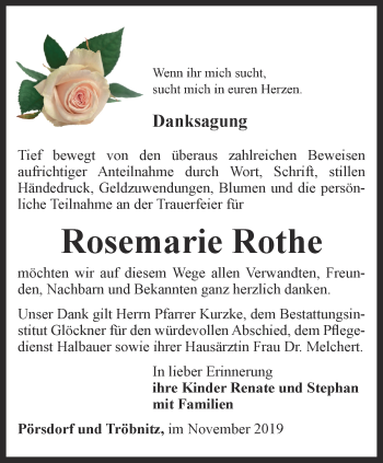 Traueranzeige von Rosemarie Rothe von Ostthüringer Zeitung