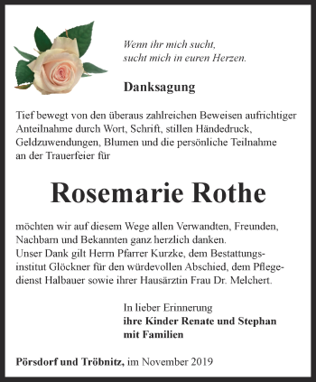 Traueranzeige von Rosemarie Rothe von Ostthüringer Zeitung