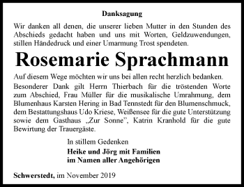 Traueranzeige von Rosemarie Sprachmann von Thüringer Allgemeine