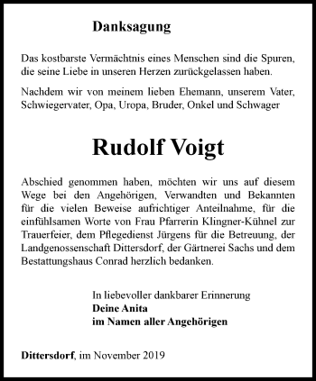 Traueranzeige von Rudolf Voigt von Ostthüringer Zeitung