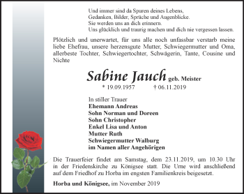 Traueranzeige von Sabine Jauch von Ostthüringer Zeitung