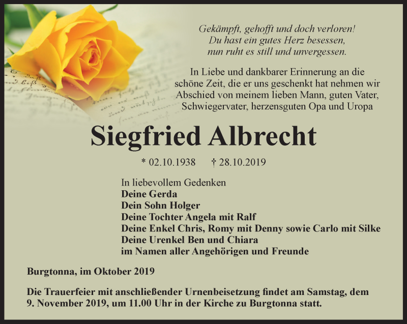 Traueranzeigen von Siegfried Albrecht trauerinthueringen.de