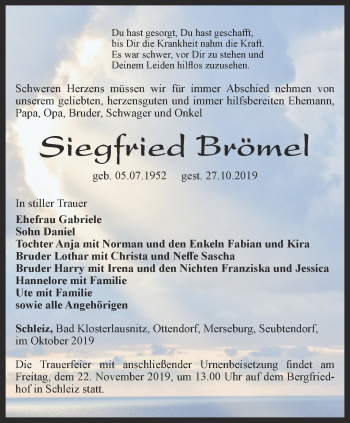 Traueranzeige von Siegfried Brömel von Ostthüringer Zeitung