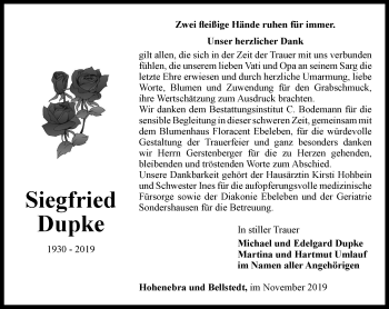 Traueranzeige von Siegfried Dupke von Thüringer Allgemeine