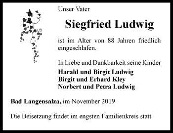 Traueranzeige von Siegfried Ludwig von Thüringer Allgemeine, Thüringische Landeszeitung