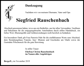 Traueranzeige von Siegfried Rauschenbach von Ostthüringer Zeitung