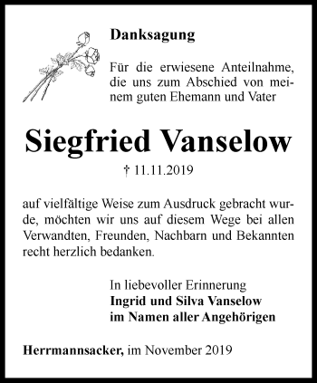 Traueranzeige von Siegfried Vanselow von Thüringer Allgemeine