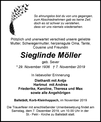 Traueranzeige von Sieglinde Möller von Ostthüringer Zeitung, Thüringische Landeszeitung