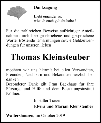 Traueranzeige von Thomas Kleinsteuber von Ostthüringer Zeitung, Thüringische Landeszeitung