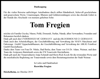 Traueranzeige von Tom Fregien von Thüringer Allgemeine, Thüringische Landeszeitung