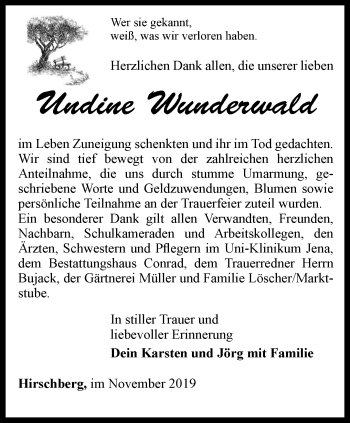 Traueranzeige von Undine Wunderwald von Ostthüringer Zeitung