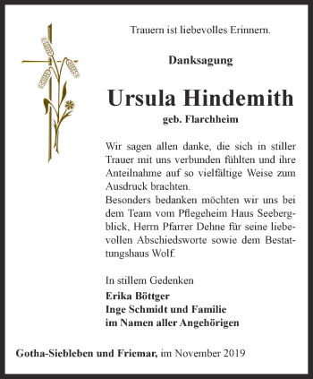 Traueranzeige von Ursula Hindemith von Ostthüringer Zeitung, Thüringische Landeszeitung