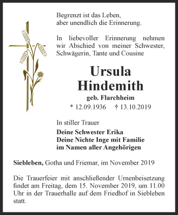 Traueranzeige von Ursula Hindemith von Ostthüringer Zeitung, Thüringische Landeszeitung