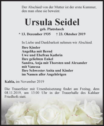 Traueranzeige von Ursula Seidel von Ostthüringer Zeitung, Thüringische Landeszeitung