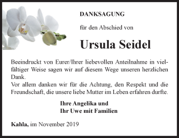 Traueranzeige von Ursula Seidel von Ostthüringer Zeitung, Thüringische Landeszeitung