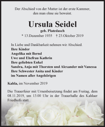 Traueranzeige von Ursula Seidel von Ostthüringer Zeitung, Thüringische Landeszeitung