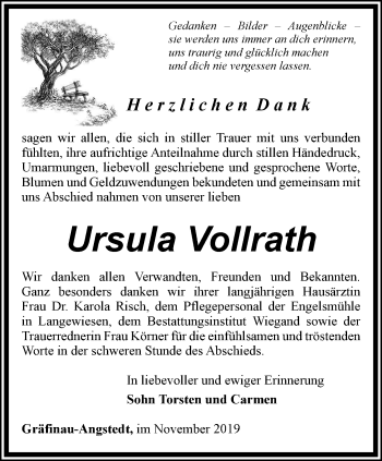 Traueranzeige von Ursula Vollrath von Thüringer Allgemeine