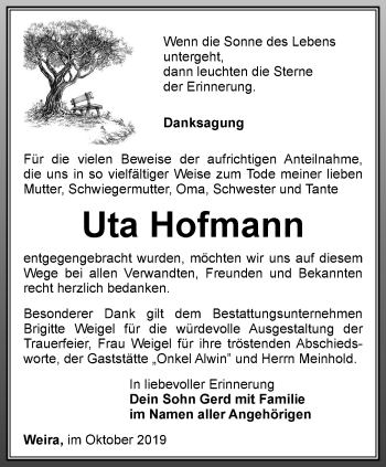 Traueranzeige von Uta Hofmann von Ostthüringer Zeitung