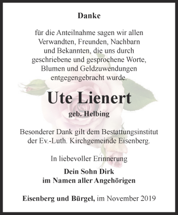 Traueranzeige von Ute Lienert von Ostthüringer Zeitung