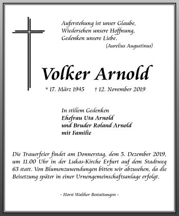 Traueranzeige von Volker Arnold von Thüringer Allgemeine, Thüringische Landeszeitung